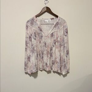 Addition Elle Sheer Floral Button-Front Blouse in Soft Pink and Lavender